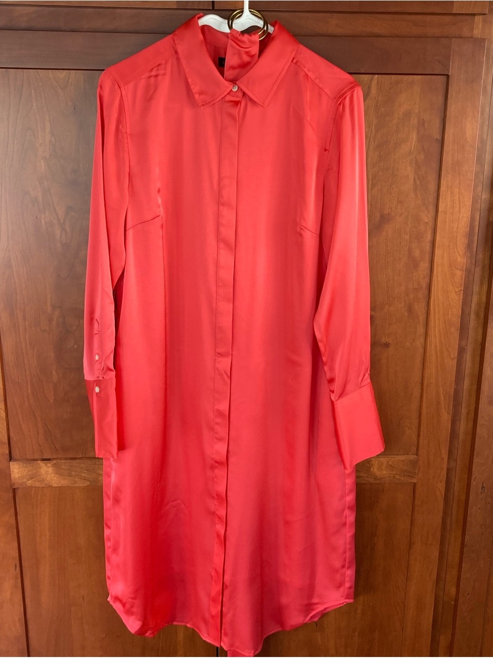 Banana Republic TieWaist Shirtdress, Bright Coral Sz M. Satiny Polyester.#796756 - Picture 1 of 14